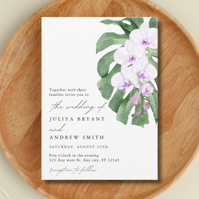 Invitation Mariage avec orchidée blanche sur feuille tropical (Créateur téléchargé)