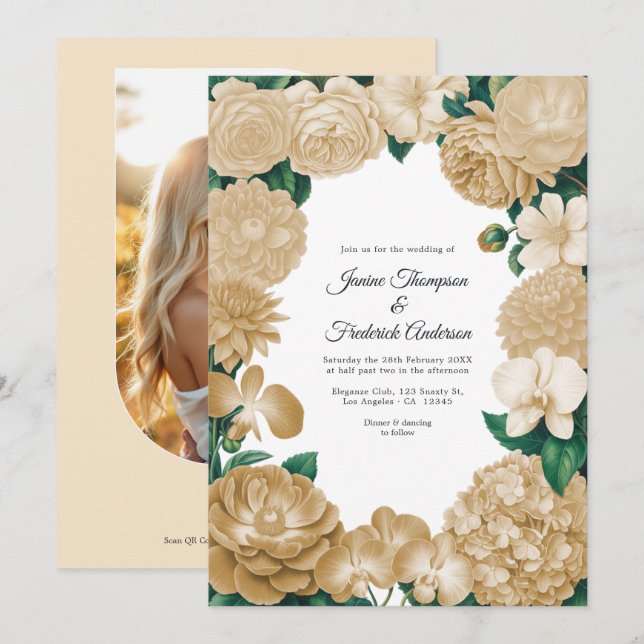 Invitation Mariage avec photo florale Champagne et code QR (Devant / Derrière)