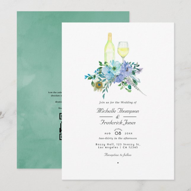 Invitation Mariage avec QR Code de Dégustation de Vin Bohème  (Devant / Derrière)