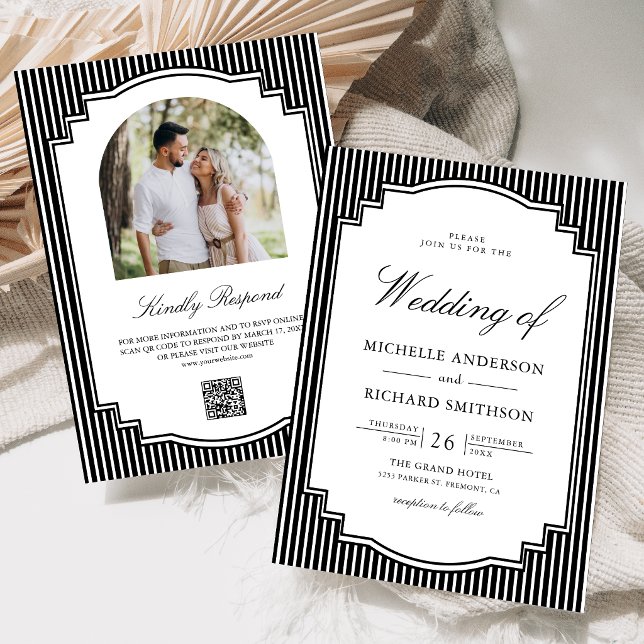 Invitation Mariage avec QR Code de Photo Rayée Noir et Blanc (Créateur téléchargé)