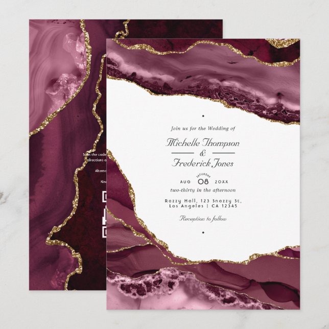 Invitation Mariage avec QR Code RSVP en Agate Bourgogne et Or (Devant / Derrière)