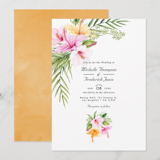 Invitation Mariage avec QR Code RSVP Plage Fleur Tropicale  (Devant / Derrière)