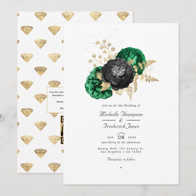 Invitation Mariage avec réponse QR Code à motif floral émerau (Devant / Derrière)