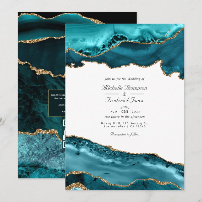 Invitation Mariage avec réponse QR Code en Agate Bleu-vert et (Devant / Derrière)