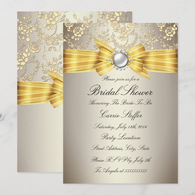 Invitation Mariage avec Ruban Jaune et Rose Beige (Devant / Derrière)