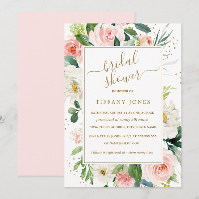 Invitation Mariage avec touche de rose et floral aquarelle or (Devant / Derrière)