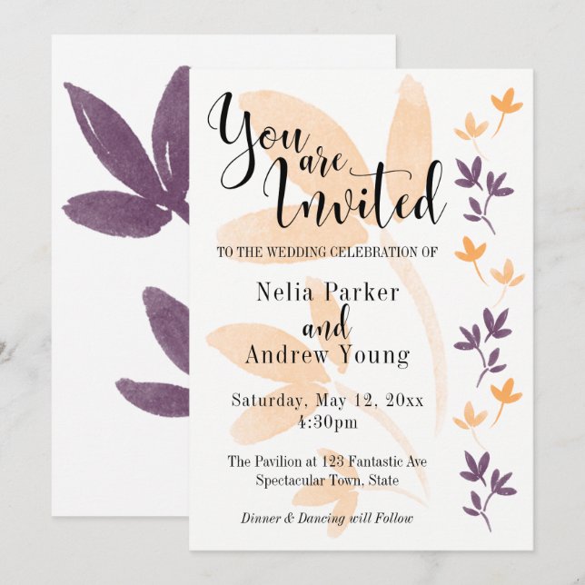 Invitation Mariage avec typographie élégante de feuilles d'or (Devant / Derrière)