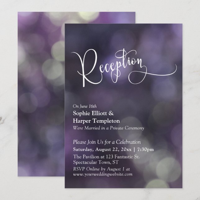 Invitation Mariage avec Typographie et Lumière Bokeh Violet (Devant / Derrière)
