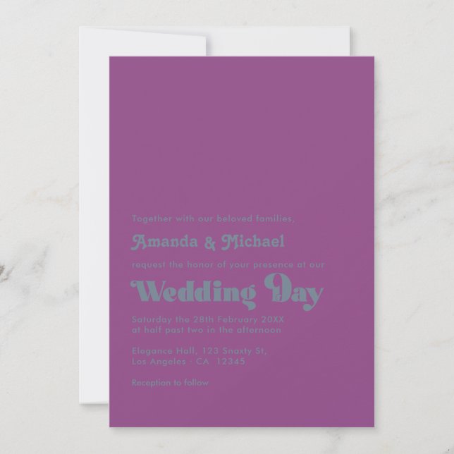 Invitation Mariage avec typographie rétro prune lunatique et  (Devant)