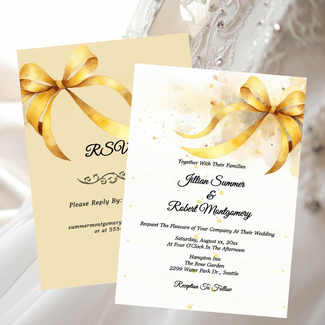 Invitation Mariage avec un élégant accent de ruban doré (Elegant Gold Ribbon Accent Wedding Invitation)