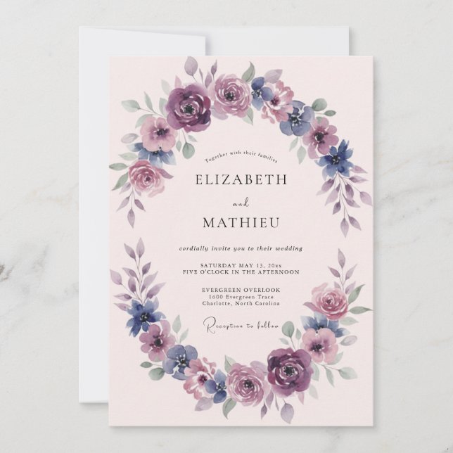 Invitation Mariage avec une Arche Fleurie de Pourpre Poussiér (Devant)