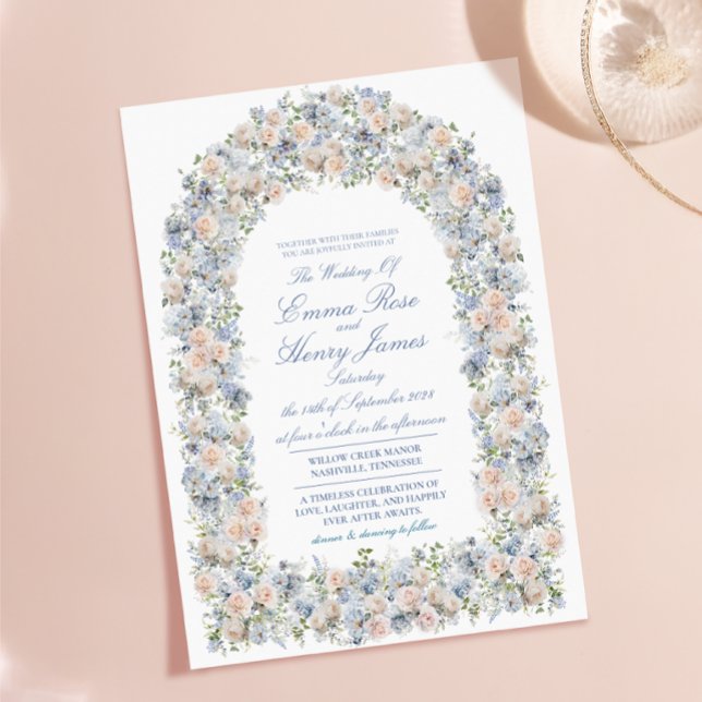 Invitation Mariage avec une Arche Fleurie d'Hydrangeas Bleu P (Dusty Blue Hydrangea Floral Arch Wedding Invitation)