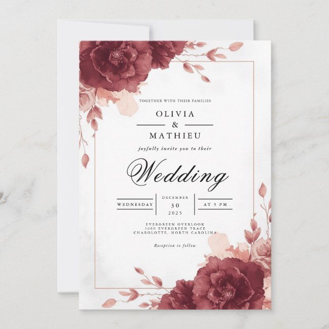 Invitation Mariage avec une arche florale bordeaux profond (Devant)
