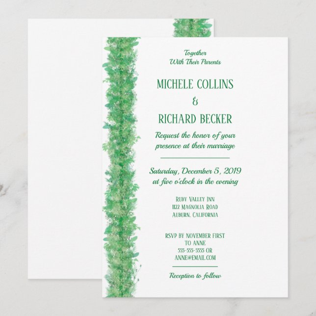 Invitation Mariage avec une bordure botanique verte chic (Devant / Derrière)