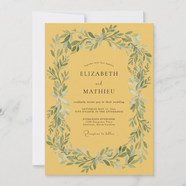 Invitation Mariage avec une bordure de feuilles vertes jaunes (Devant)