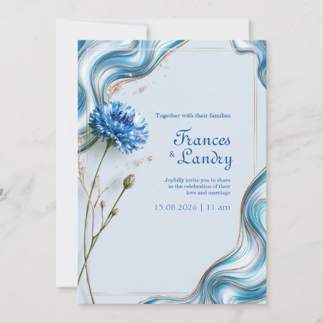 Invitation Mariage avec une bordure de marbre et bleuet (Devant)