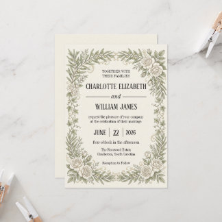 Invitation Mariage avec une bordure de rose olivâtre ivoire