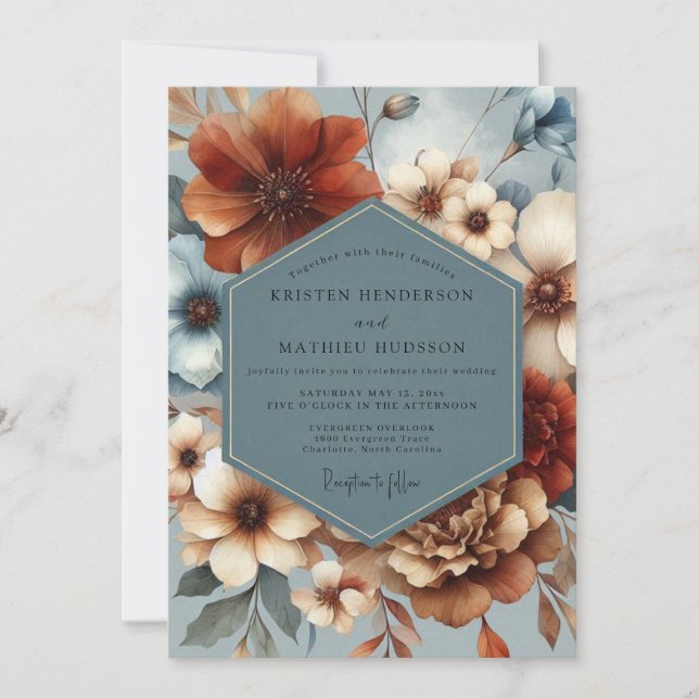 Invitation Mariage avec une flore d'auburn bleu ardoise (Devant)