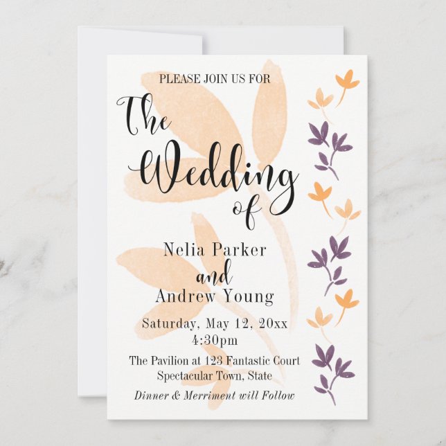 Invitation Mariage avec une jolie typographie de feuilles d'o (Devant)