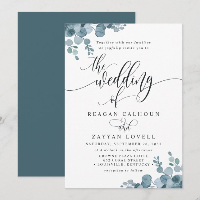 Invitation Mariage avec verdure d'eucalyptus bleu poussiéreux (Devant / Derrière)