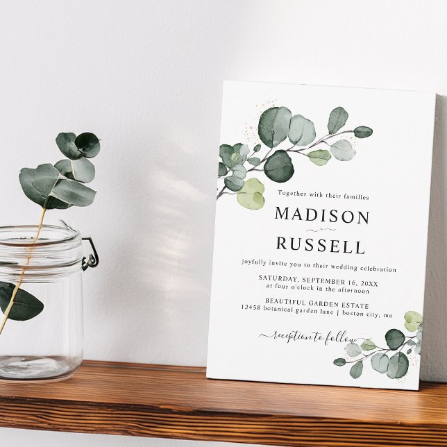 Invitation Mariage avec verdure éclaboussée d'or d'eucalyptus (Eucalyptus Gold Splatter Greenery Wedding Invitation)