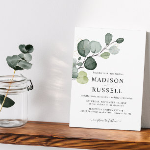 Invitation Mariage avec verdure éclaboussée d'or d'eucalyptus