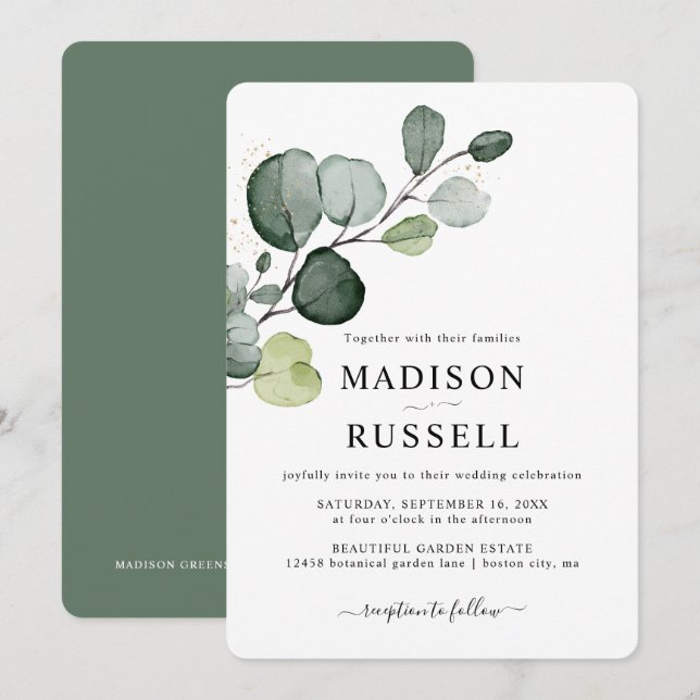Invitation Mariage avec verdure éclaboussée d'or d'eucalyptus (Devant / Derrière)