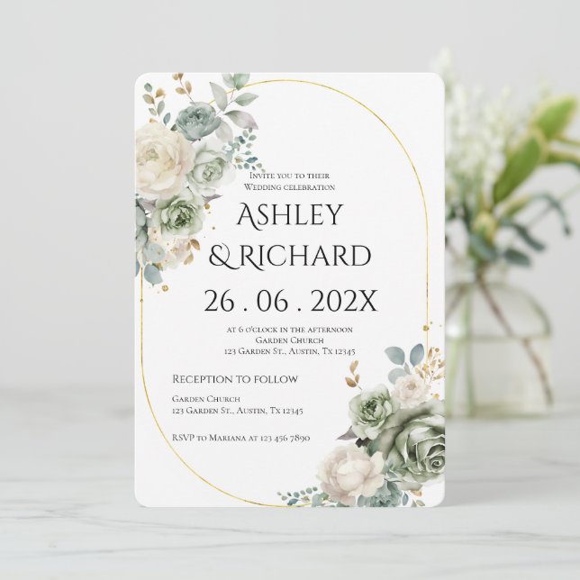 Invitation Mariage avec verdure et fleurs blanches (Debout devant)