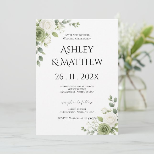 Invitation Mariage avec verdure et fleurs blanches (Debout devant)