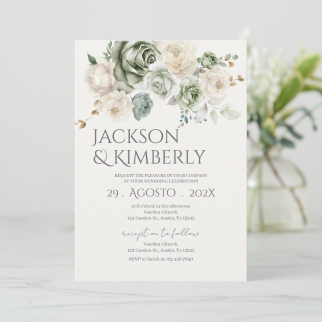 Invitation Mariage avec verdure et fleurs blanches (Debout devant)