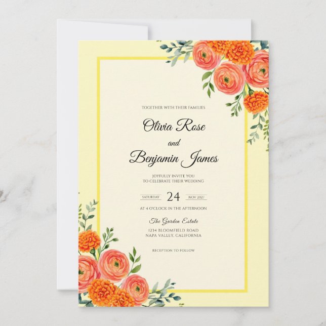 Invitation Mariage avec Vigne Orange Clair (Devant)