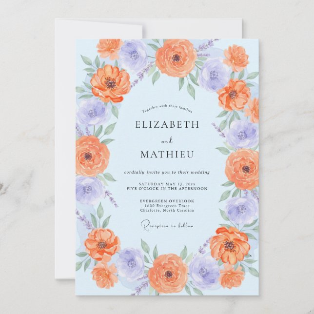 Invitation Mariage Azur Abricot Ranunculus Eucalyptus (Devant)