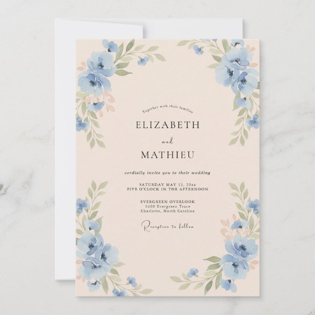 Invitation Mariage Azur Champagne Bleuet Eucalyptus (Devant)
