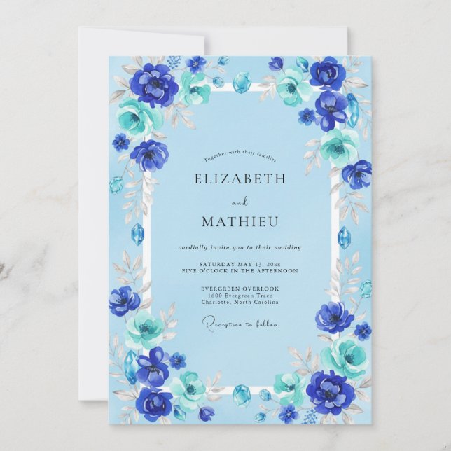 Invitation Mariage Azur Cobalt Ranunculus Eucalyptus (Devant)