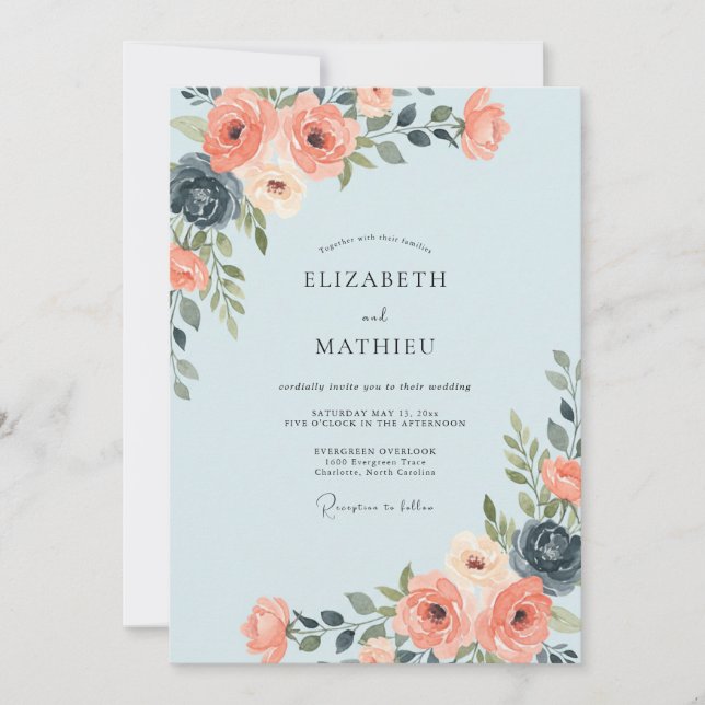 Invitation Mariage Azur Corail Pivoine (Devant)