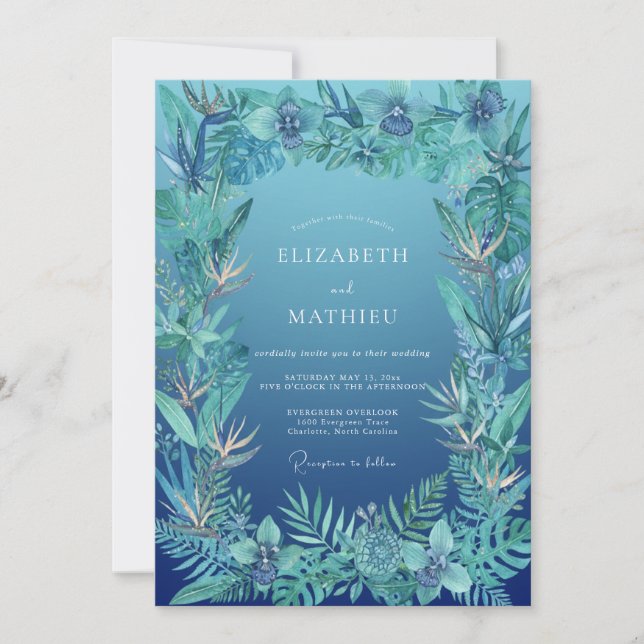 Invitation Mariage Azur Palmier Eucalyptus Tropical (Devant)