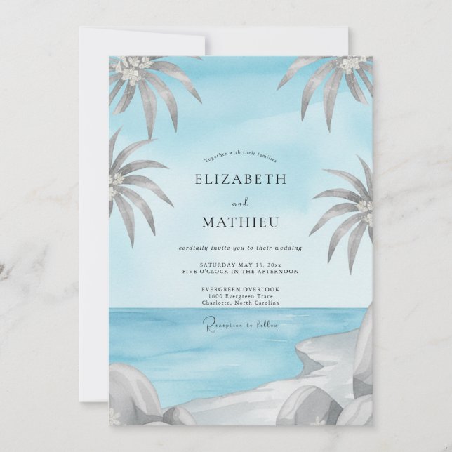 Invitation Mariage Azur Palmier Gris Eucalyptus Tropical (Devant)