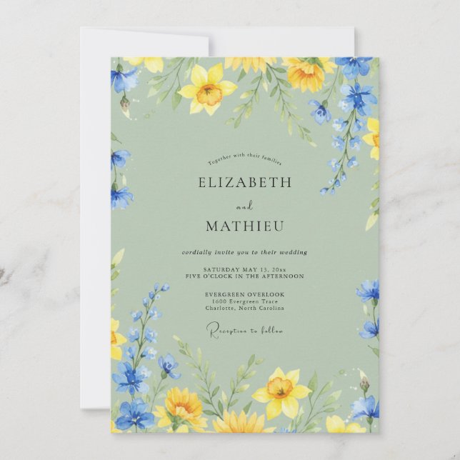 Invitation Mariage Azur Pistache Jonquille Eucalyptus (Devant)