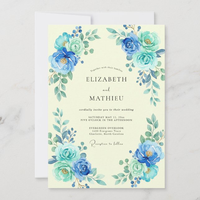 Invitation Mariage Azur Ranunculus Céruléen Eucalyptus (Devant)