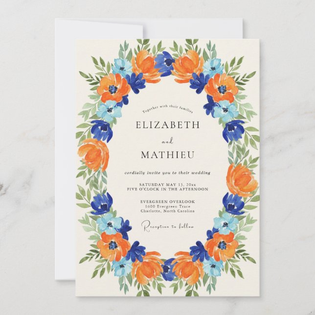 Invitation Mariage Azur Ranunculus Eucalyptus Tangerine (Devant)