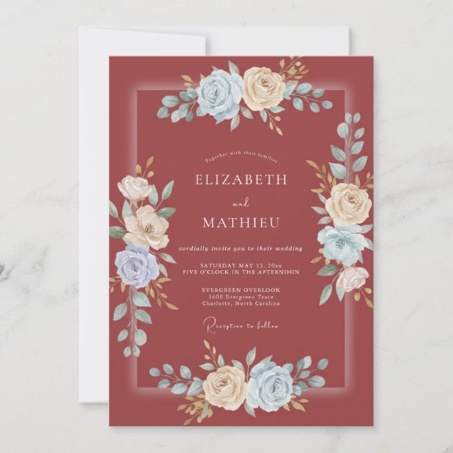 Invitation Mariage Azur Ranunculus Gris Eucalyptus Rouge Cram (Devant)