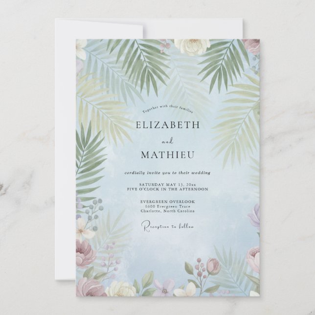 Invitation Mariage Azur Tropical Palmier Eucalyptus Muté (Devant)