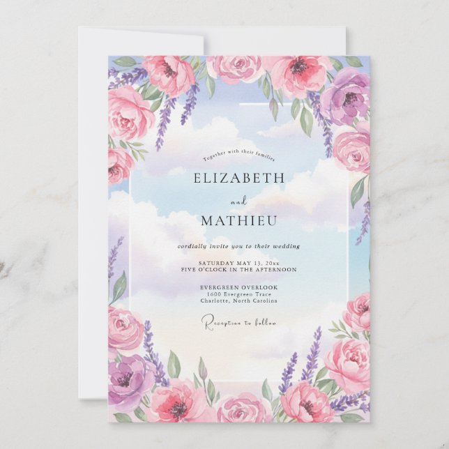 Invitation Mariage Azur Violet Ranunculus Eucalyptus (Devant)