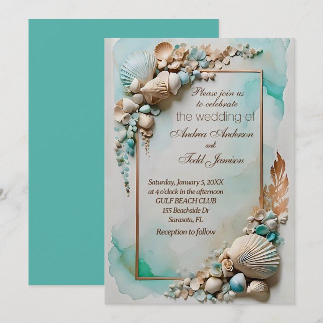 Invitation mariage balnéaire turquoise (Devant / Derrière)