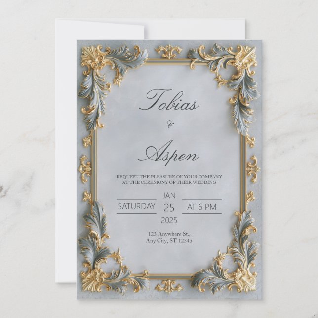 Invitation Mariage Baroque Argent Doré (Devant)