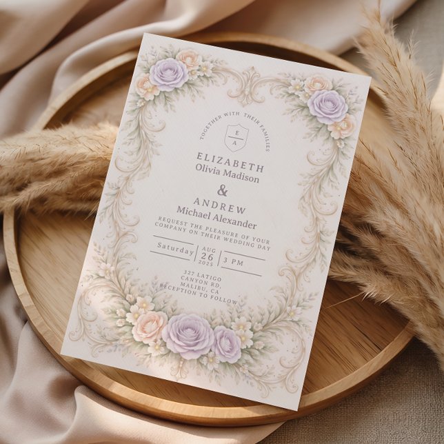 Invitation Mariage baroque au jardin dans les tons rose lavan (Créateur téléchargé)