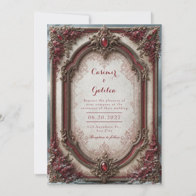 Invitation Mariage baroque au joyau cramoisi (Devant)