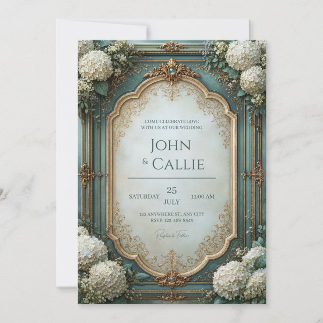 Invitation Mariage baroque aux hortensias sarcelle (Devant)