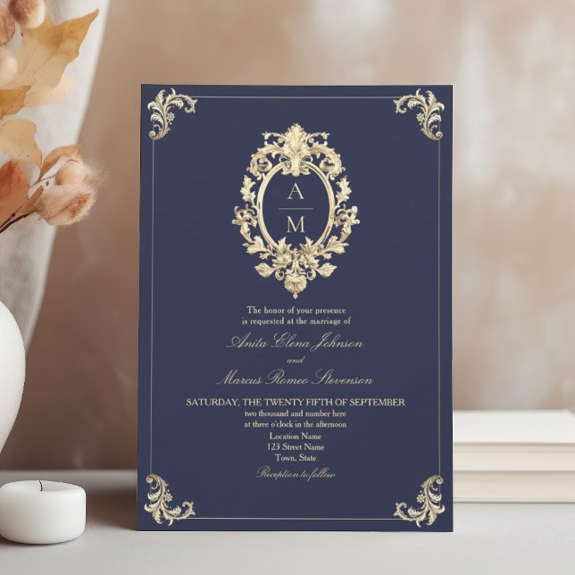Invitation Mariage Baroque Bleu Nuit Or Monogramme (Créateur téléchargé)
