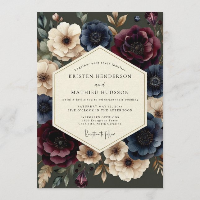 Invitation Mariage baroque bordeaux et marine (Devant)